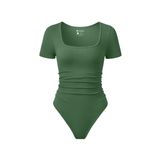 Macacão Feminino Oqq, Franzido, Manga Curta, Gola Quadrada, Verde Selva