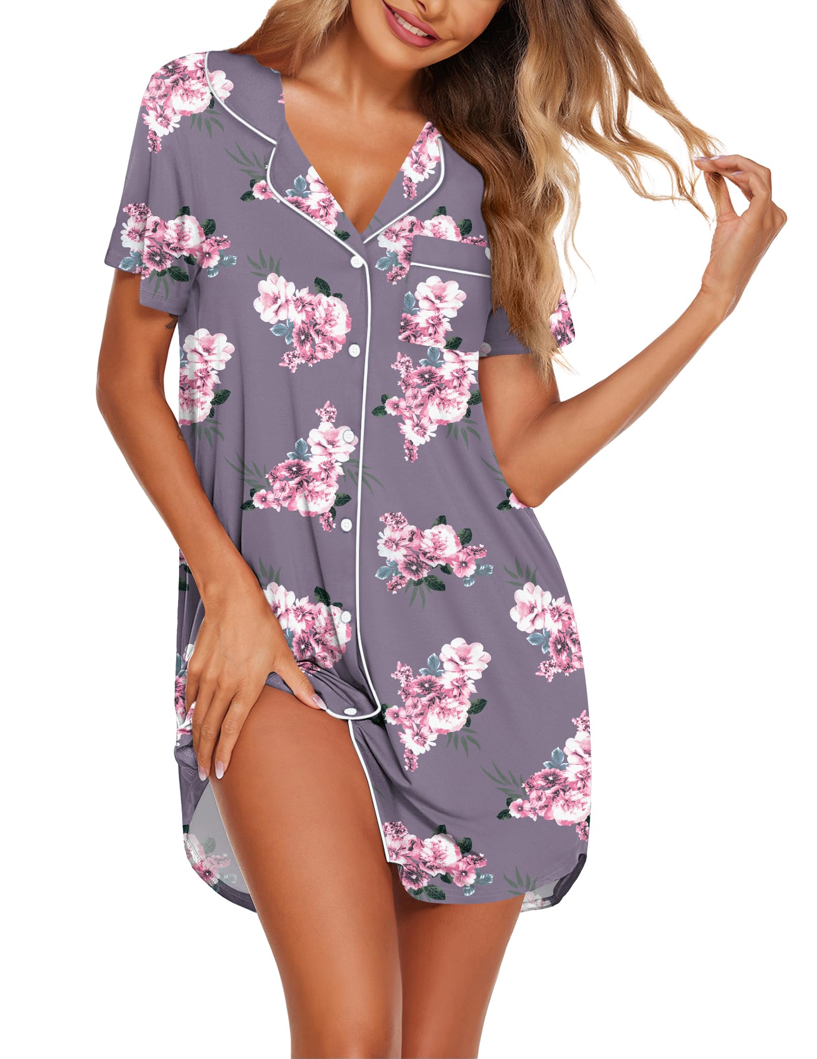 Camisa De Dormir Ekouaer Com Botão E Decote Em V E Manga Curta