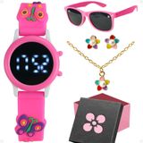 Relogio Digital Infantil + Brinco Colar + Oculos Sol Led Caixa Proteçao Uv Criança Menina Original