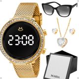 Relogio Dourado Feminino + Pulseira + Caixa + Oculos Sol Proteção Uv Gatinho Social Presente Casual
