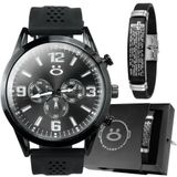 Relogio Aço Inox Preto Masculino + Pulseira Pai Nosso + Caixa Presente Casual Silicone Social