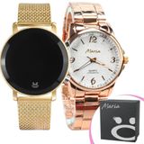 Relógio Aço Inox Rose Feminino + Relógio Dourado Silicone Ajustavel Rose Qualidade Premium Social