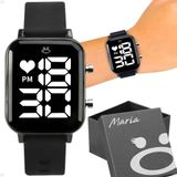 Relogio Feminino Digital + Aço Inox Quadrado Led + Caixa Preto Casual Original Presente Silicone