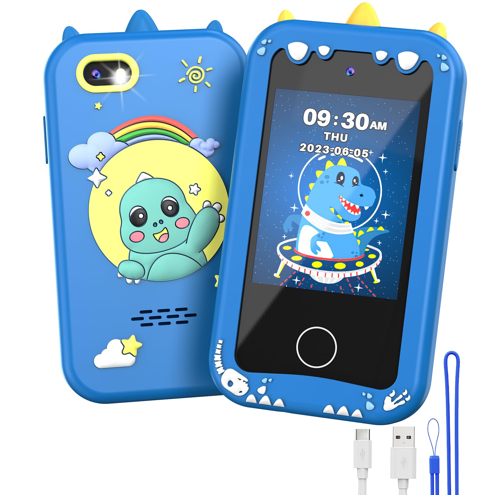 Telefone De Brinquedo Ucidci Dinosaur Kids Com Câmera Dupla E Música Azul