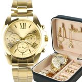 Relogio Dourado Banhado + Porta Joia + Pulseira + Brincos Qualidade Premium Original Social Casual