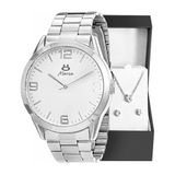 Relogio Inox Aço Prata Feminino + Brincos + Colar + Caixa Casual Moda Strass Qualidade Premium