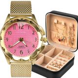 Relogio Dourado Banhado + Porta Joia + Brincos Prova Dagua Fundo Rosa Original Presente Casual