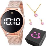 Relogio Digital Feminino Led + Brinco + Colar Strass Delicado Social Original Inoxidável Ajustavel