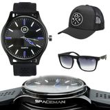 Oculos Sol Proteção Uv + Boné + Relogio Masculino Preto Moda Masculina Social Analogico Presente