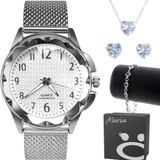 Relogio Prova Dagua Prata Feminino Pulseira + Brinco Colar Prateado Caixa Casual Qualidade Premium