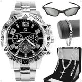 Relogio Aço Prata Masculino + Oculos Sol + Cordão + Pulseira Casual Qualidade Premium Religioso