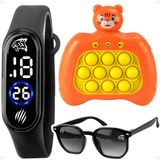 Popit Eletronico + Relogio Digital Infantil + Oculos Sol Silicone Menino Proteção Uv Tigrezinho