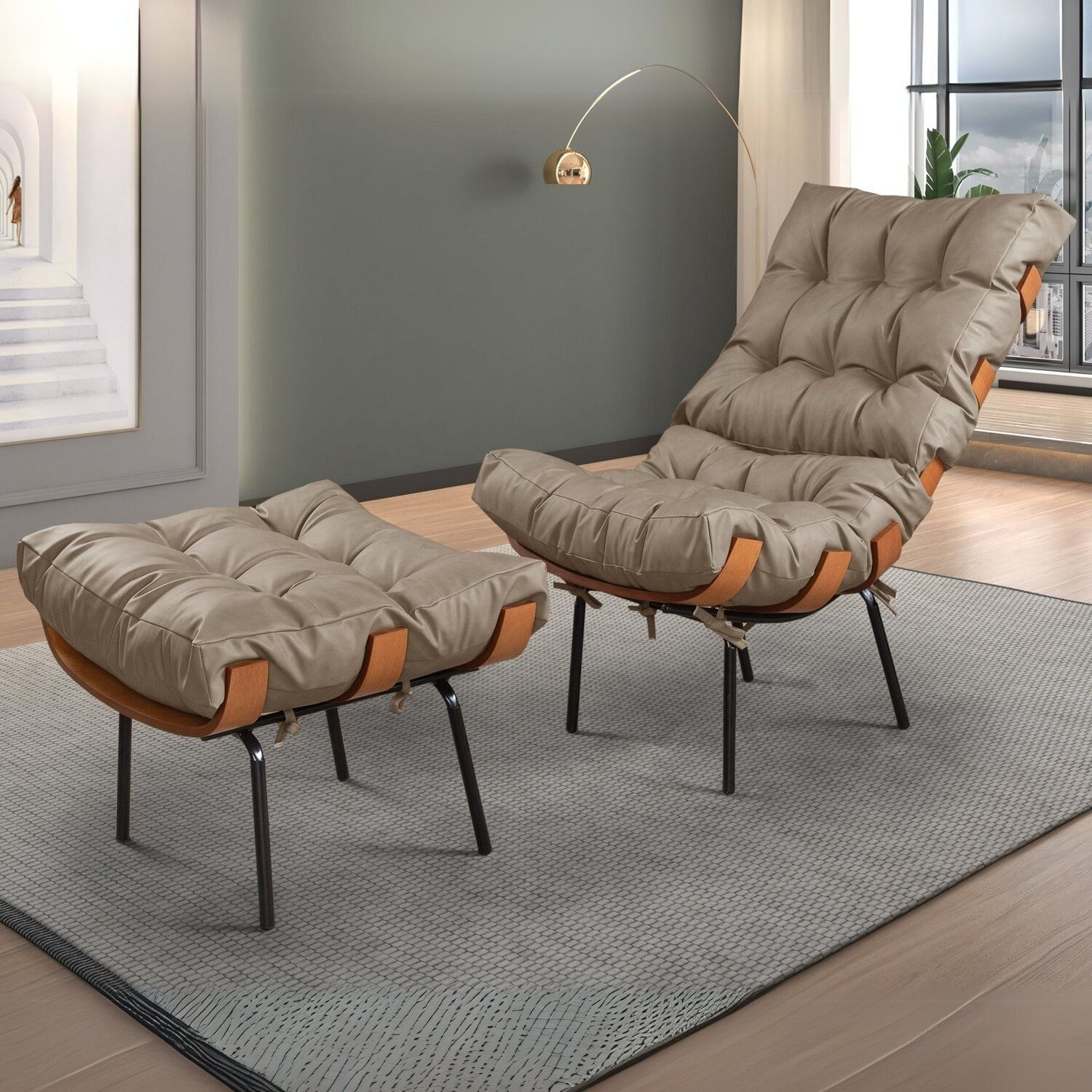 Poltrona Para Sala De Estar Com Puff Costela Areia