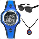 Relogio Digital Azul Infantil + Oculos Proteção Uv + Colar Heroi Qualidade Premium Social Original