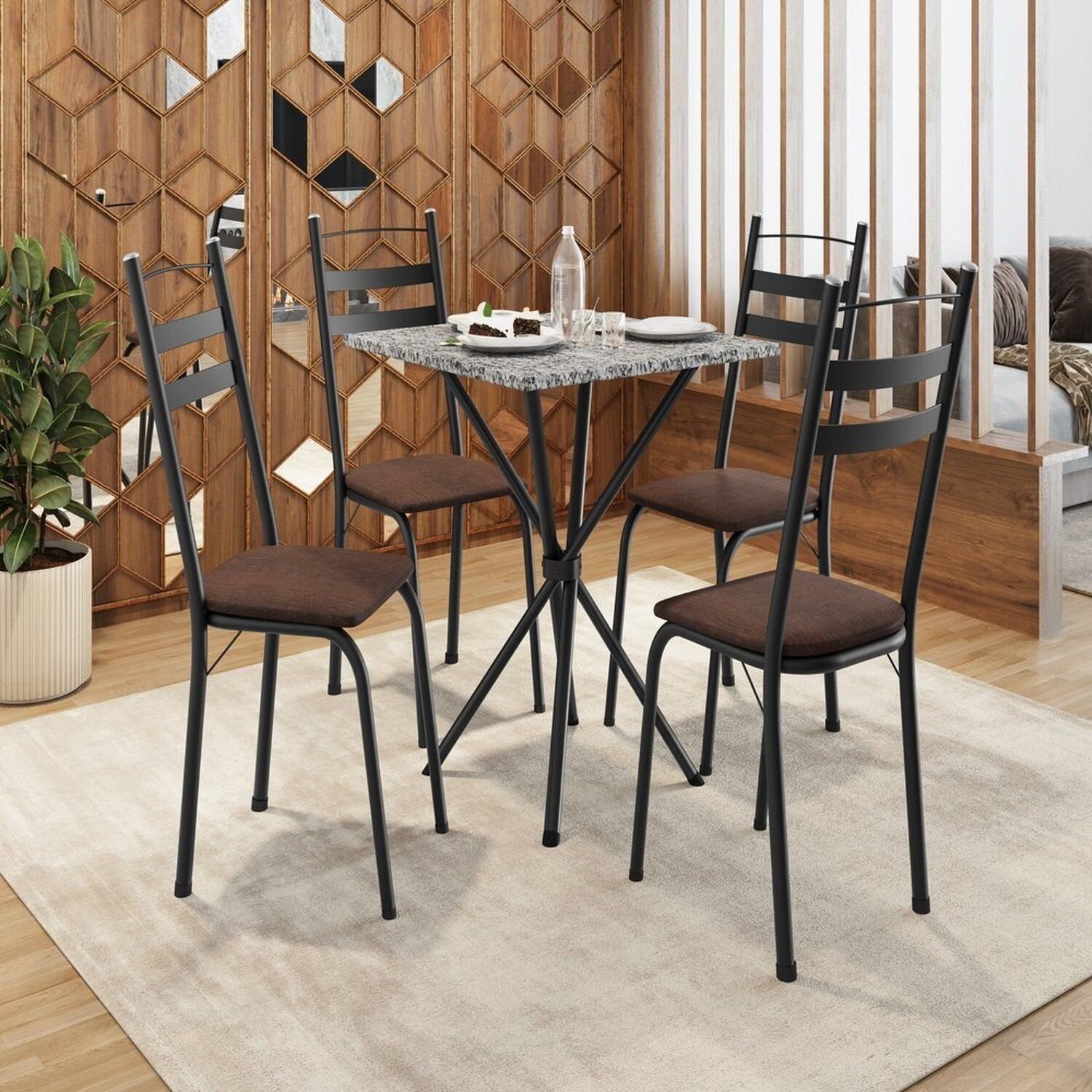 Conjunto Sala De Jantar Mesa Quadrada 70cm Tampo Granito Com 4 Cadeiras Leia Preto/imbuia/ocre