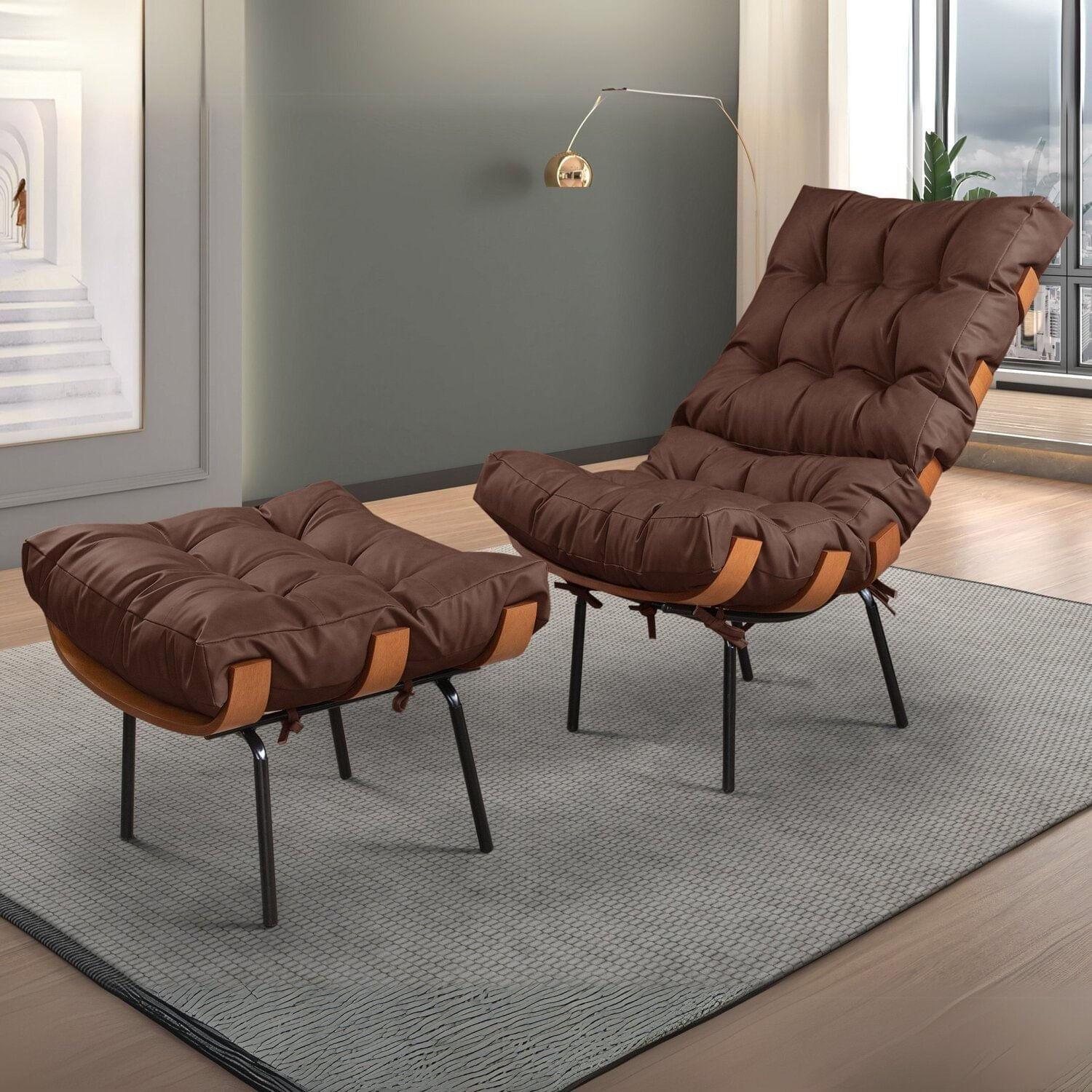 Poltrona Para Sala De Estar Com Puff Costela Marrom