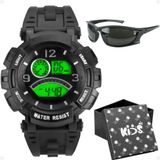 Relogio Infantil Digital Silicone Preto + Oculos Sol + Caixa Menino Presente Esportivo Proteção Uv