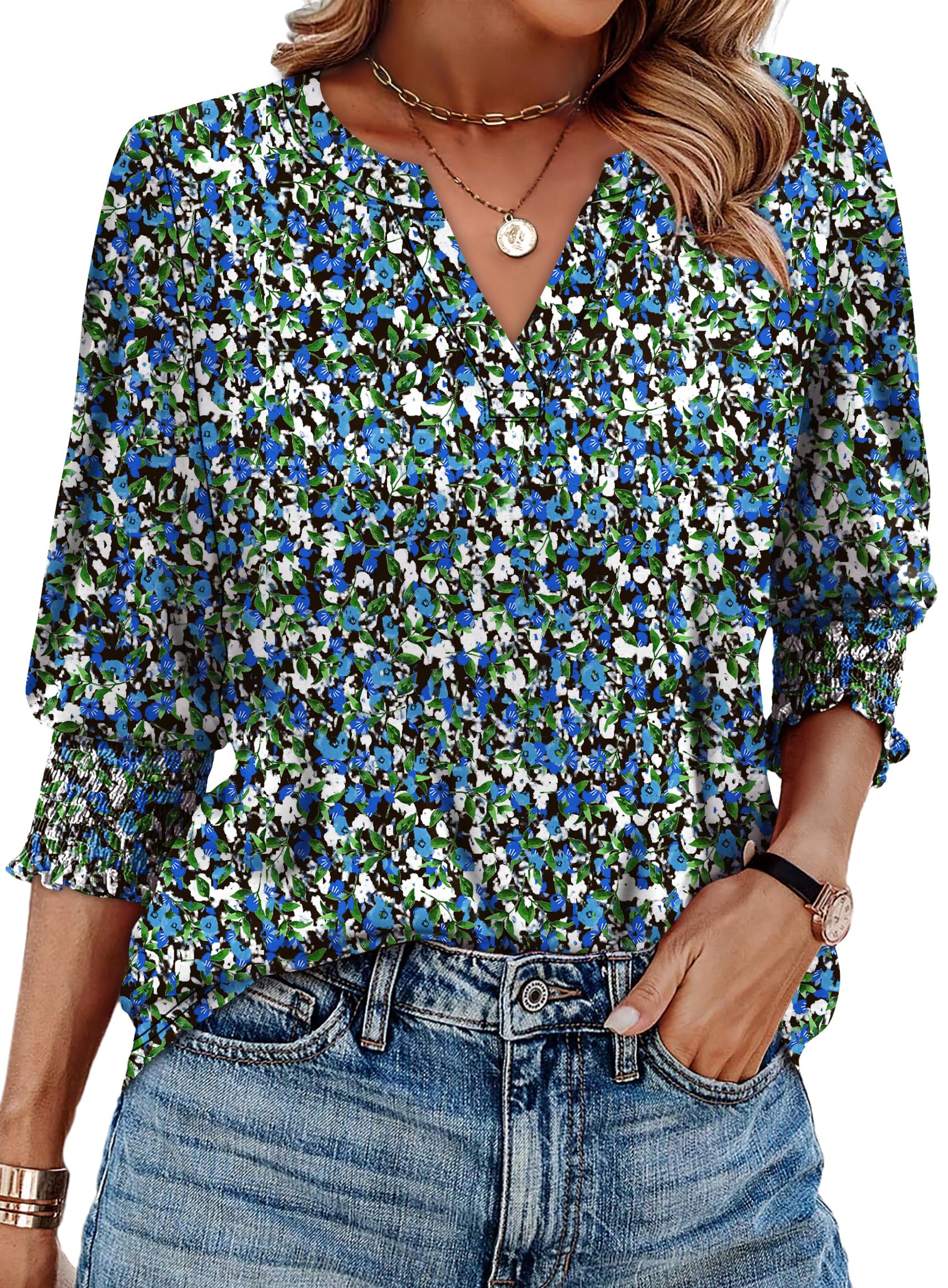 Top Wiholl Spring Summer Floral De Manga 3/4 Com Decote Em V Para Mulheres
