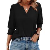 Camiseta Feminina Top Wiholl Com Decote Em V, Manga 3/4, Manga Folgada, Algodão