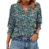 Top Wiholl Spring Summer Floral De Manga 3/4 Com Decote Em V Para Mulheres