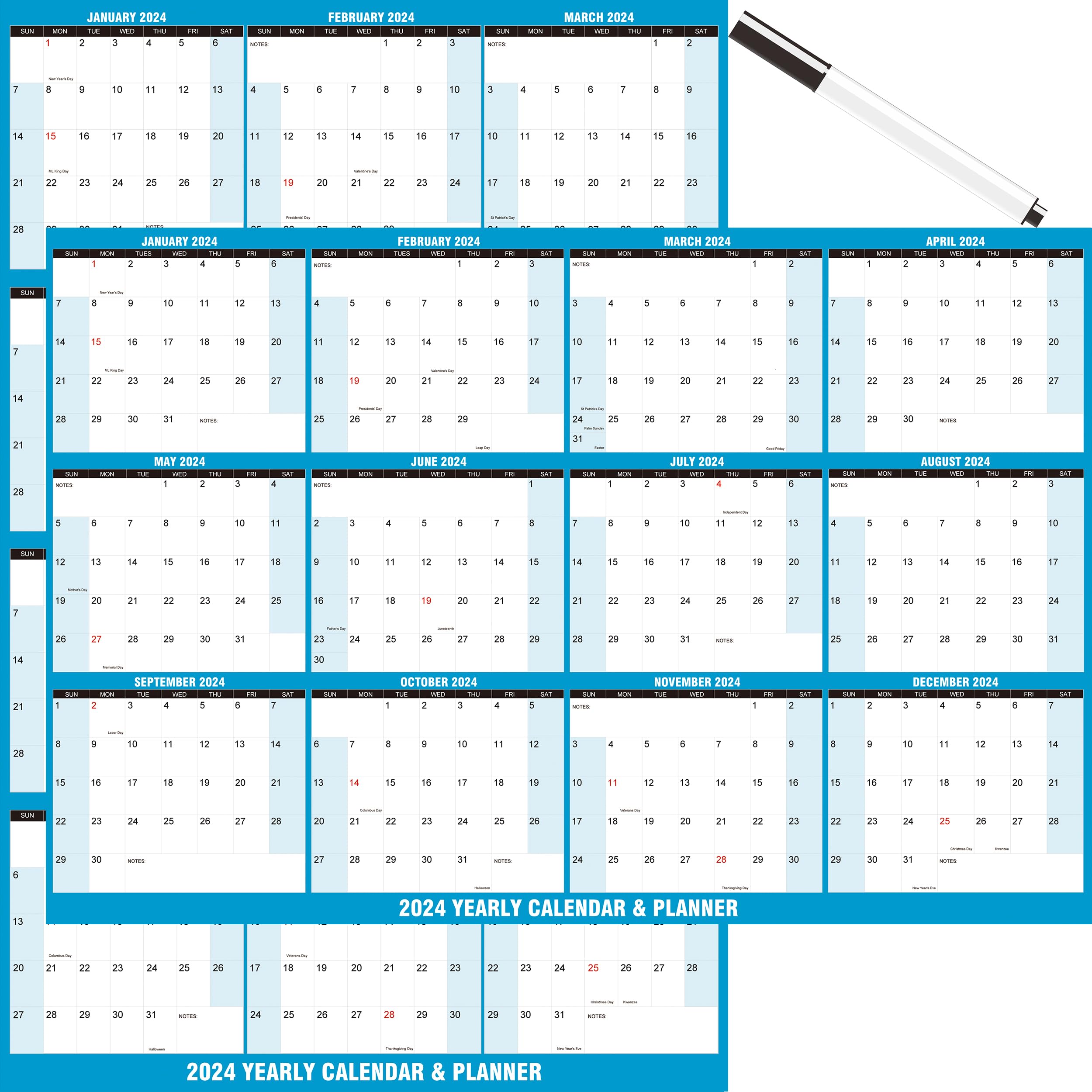 Calendário De Parede Aiotvei 2024 48x32cm Dry Erase Reversível