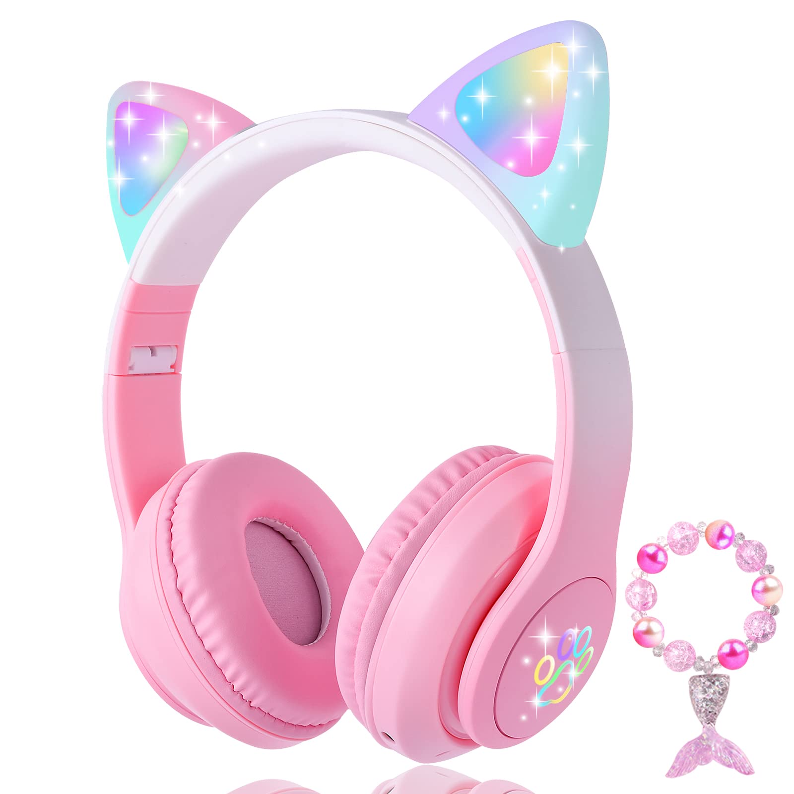Fones De Ouvido Koraba Cat Ear Kids Bluetooth Led Rosa Claro