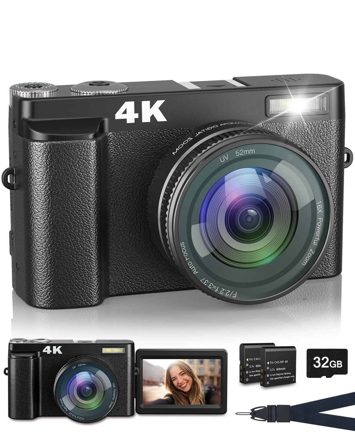 Câmera Digital Toasuite 4k 48mp Com Flash, Zoom 16x, Cartão De 32gb