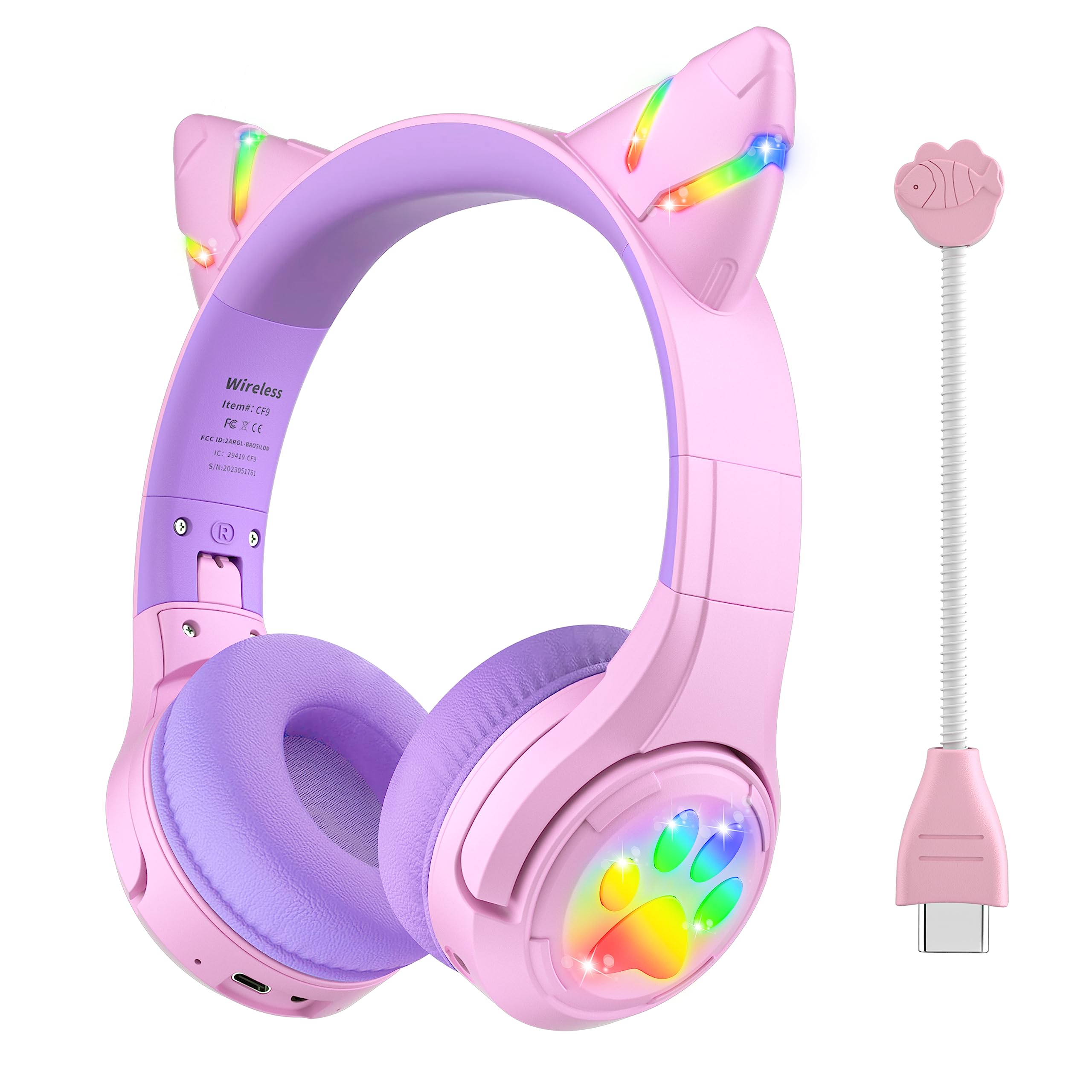 Fones De Ouvido Bluetooth Riwbox Cf9 Cat Ear Kids Com Led Roxo
