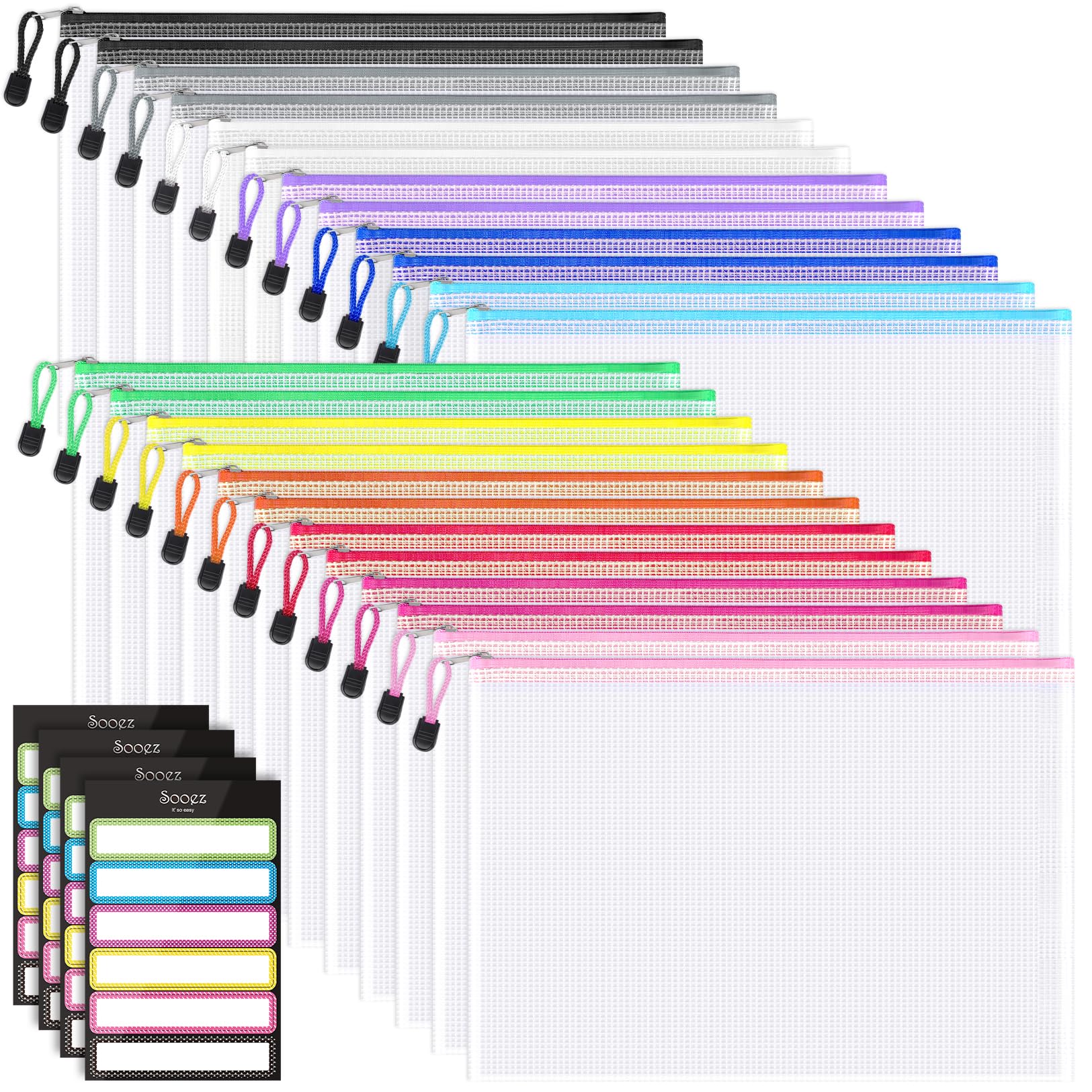 Bolsa De Malha Com Zíper Sooez, Pacote Com 24 Unidades, Tamanho A4, Com Etiquetas Adesivas
