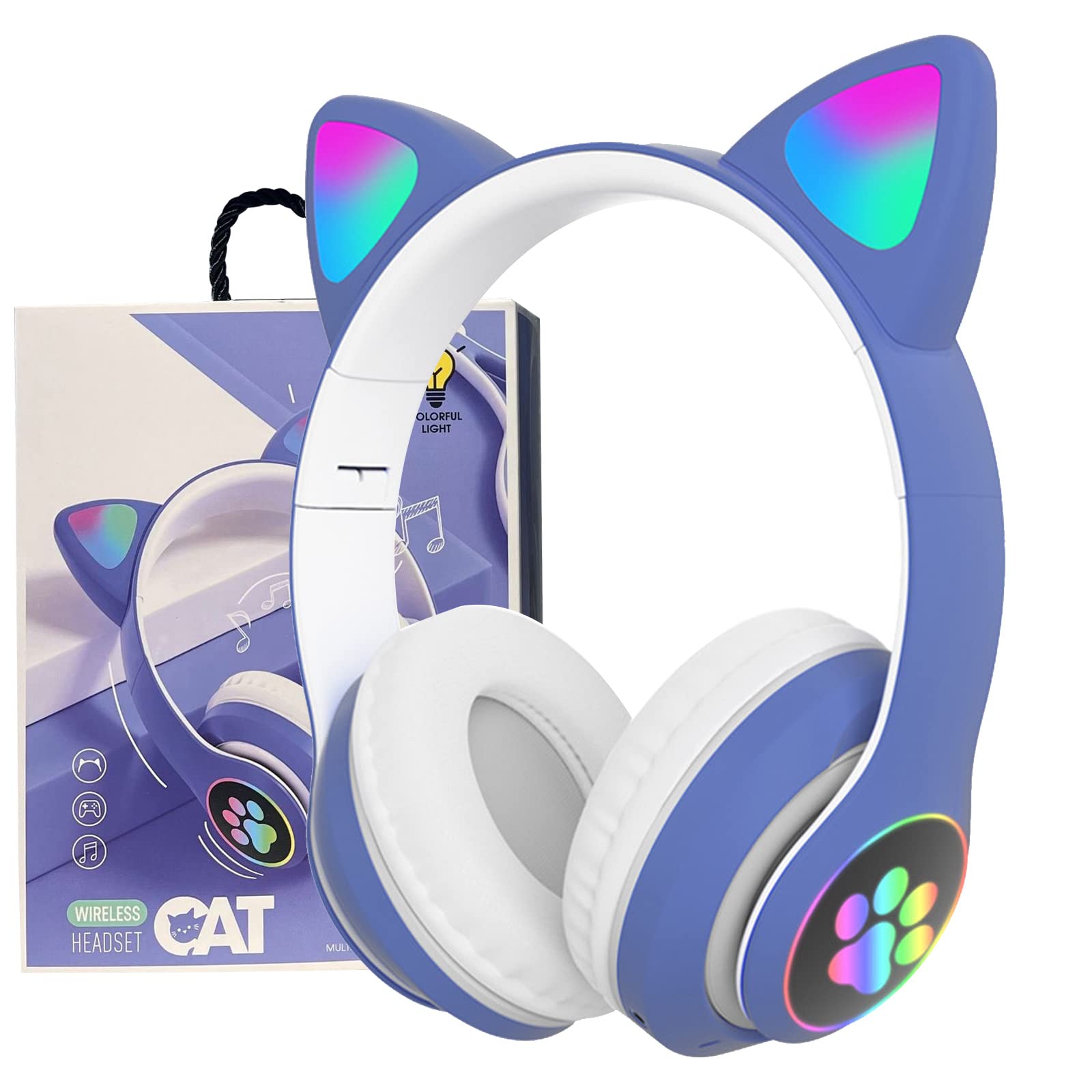 Fones De Ouvido Bluetooth Kerhand Para Crianças Cat Ear Led Light Blue