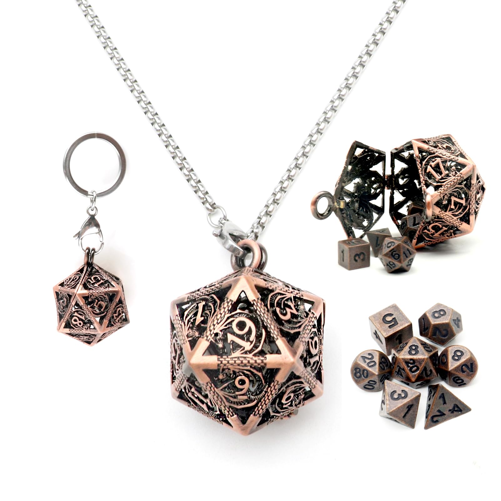 Colar Mini Dice Set Haxtec Copper Hollow D20 Metal Dnd