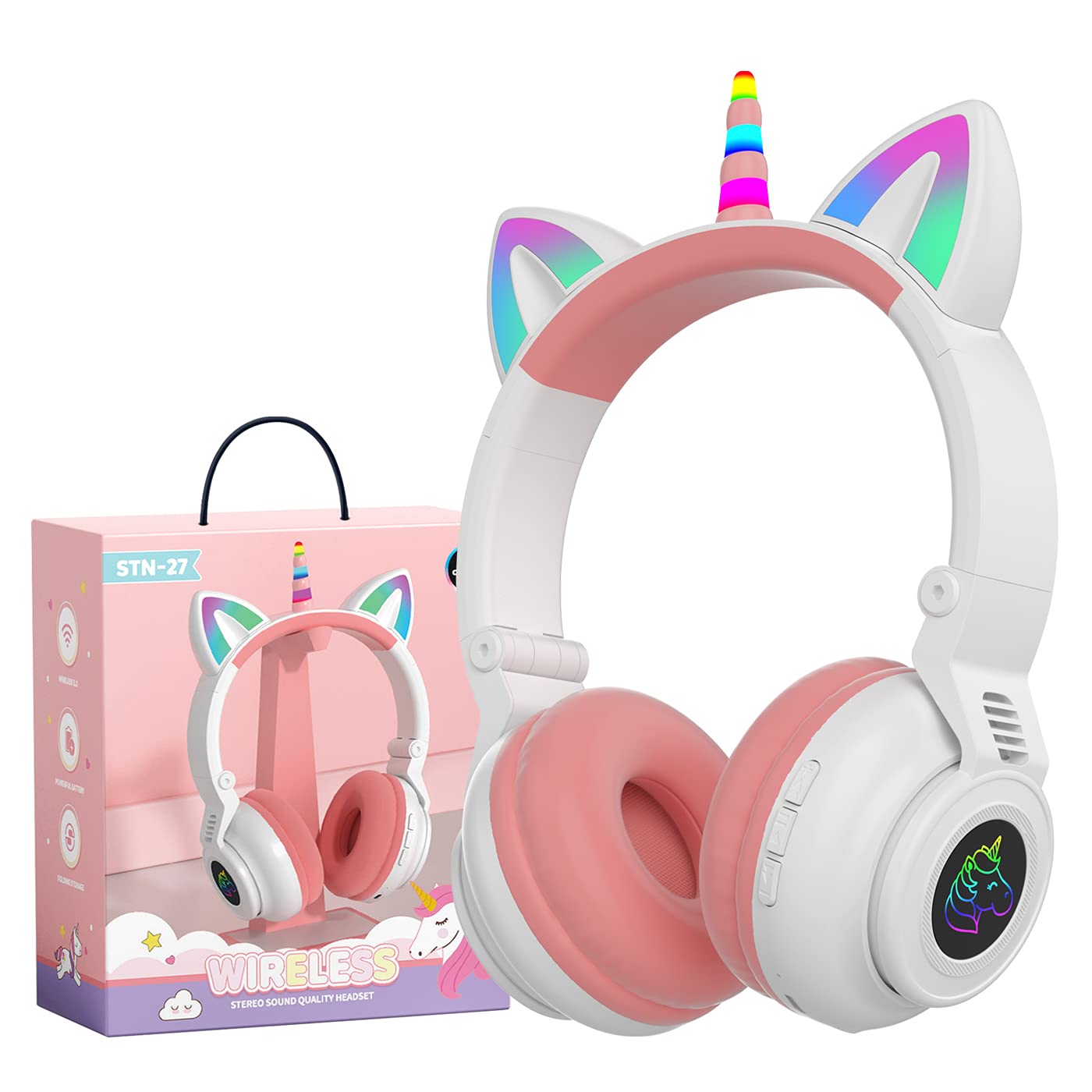 Fones De Ouvido Yusonic Unicorn Kids Bluetooth Dobráveis Branco Rosa