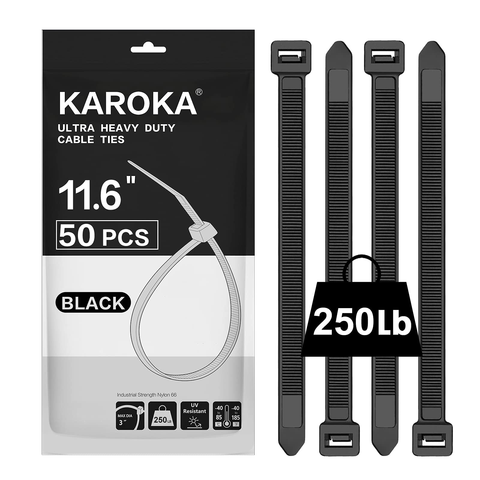 Zip Ties Karoka Heavy Duty 250 Kg Resistência À Tração 29,5 Cm 50p