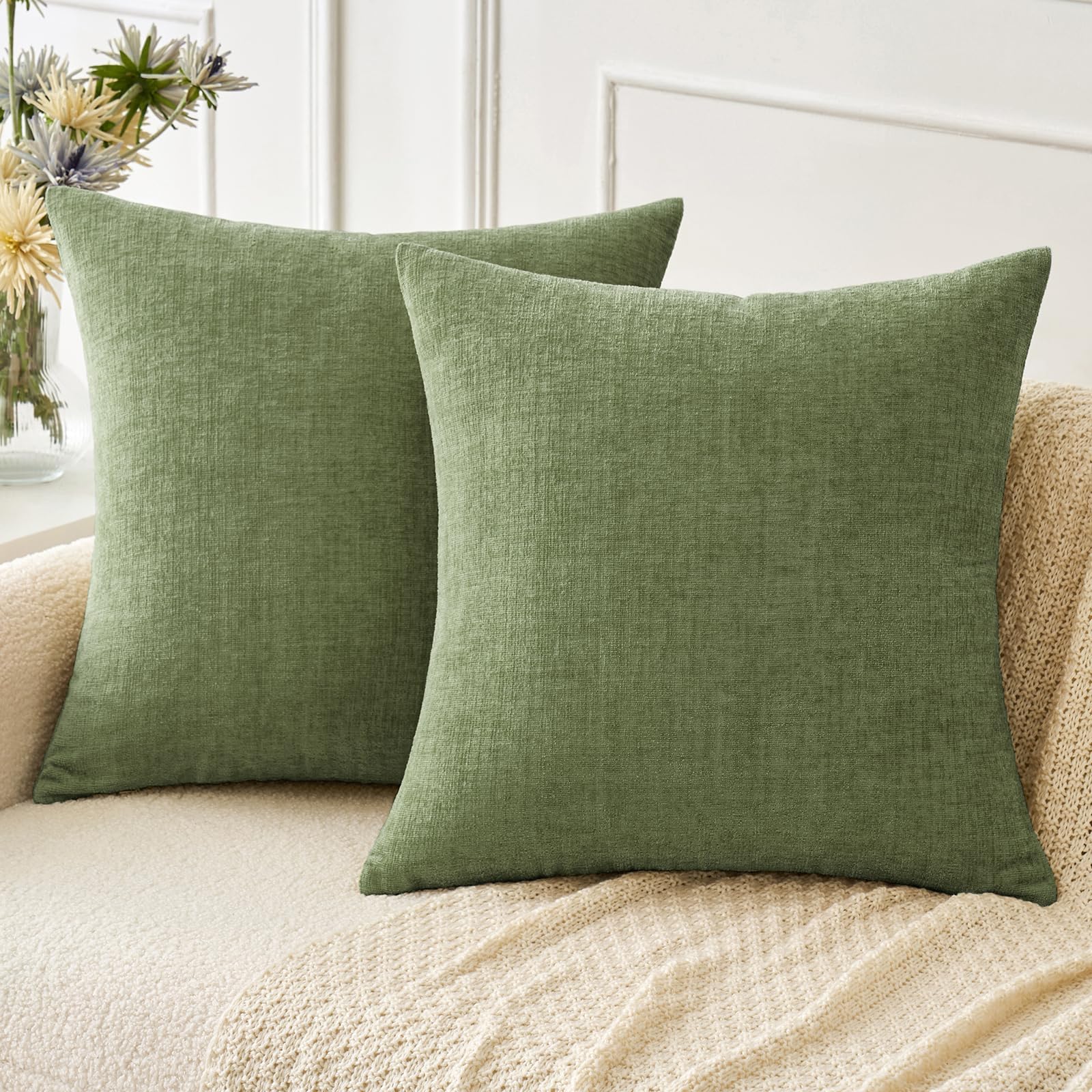 Capas De Travesseiro Miulee Soft Sage Green Chenille 45 X 45 Cm, Pacote Com 2