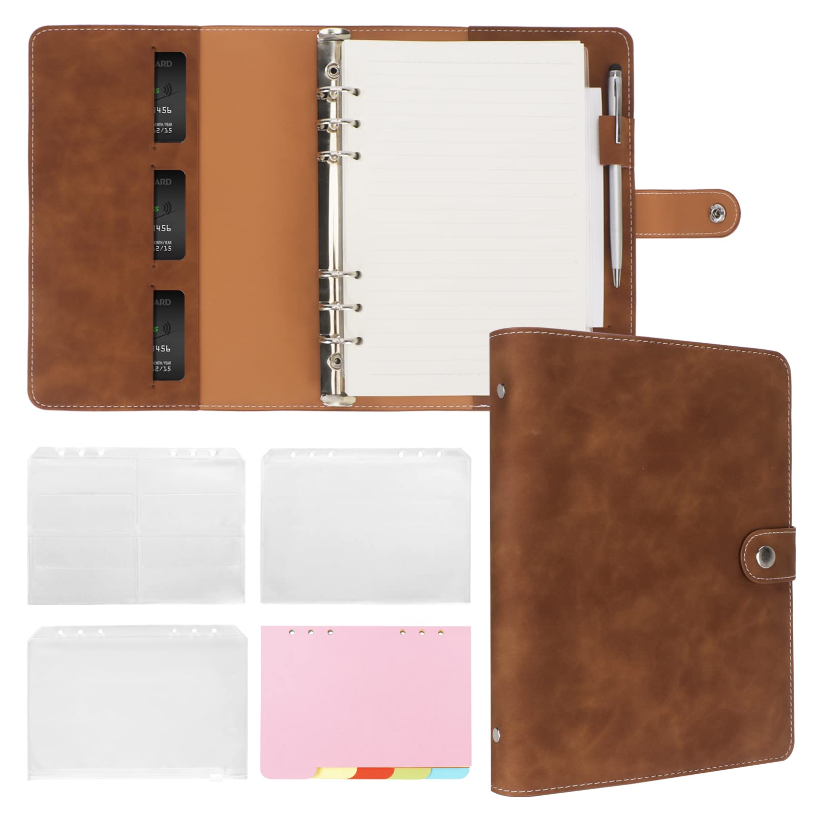 Binder Notebook Fyy Leather A5 Binder, 6 Anéis Com Bolsos, Marrom