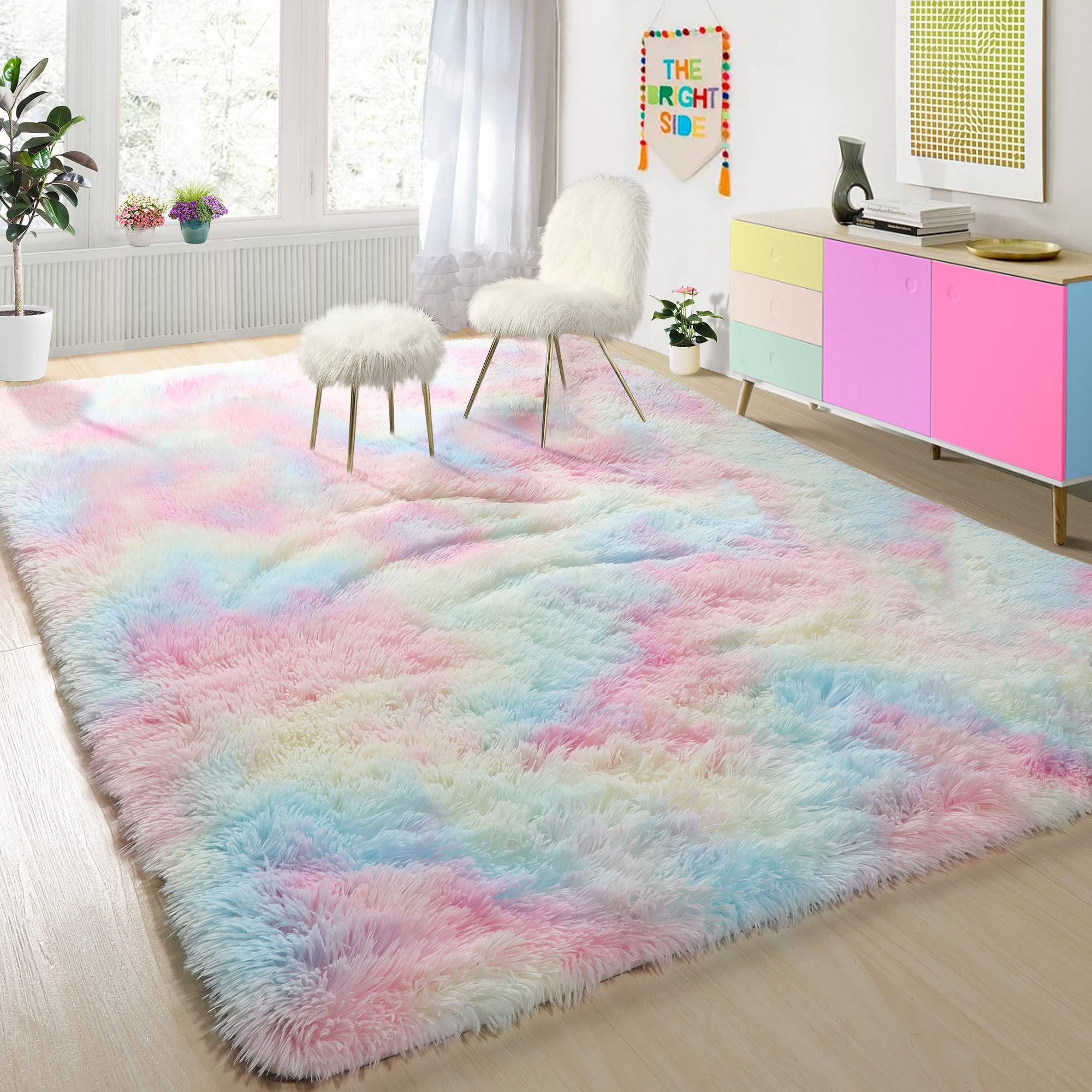 Tapete Pagisofe Fluffy Soft Rainbow 90x150cm Para Meninas