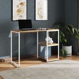 Mesa Escritório Berlim Industrial Com Prateleira Ferro Branco Tampo 110x46 Freijó