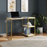 Mesa Escritório Berlim Industrial Com Prateleira Ferro Dourado Tampo 110x46 Off White