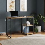 Mesa Escritório Berlim Industrial Com Prateleira Ferro Preto Tampo 110x46 Freijó