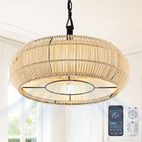 Luz De Ventilador De Teto Hemldan 20 Rattan Enjaulada Com Abajur De Tecido