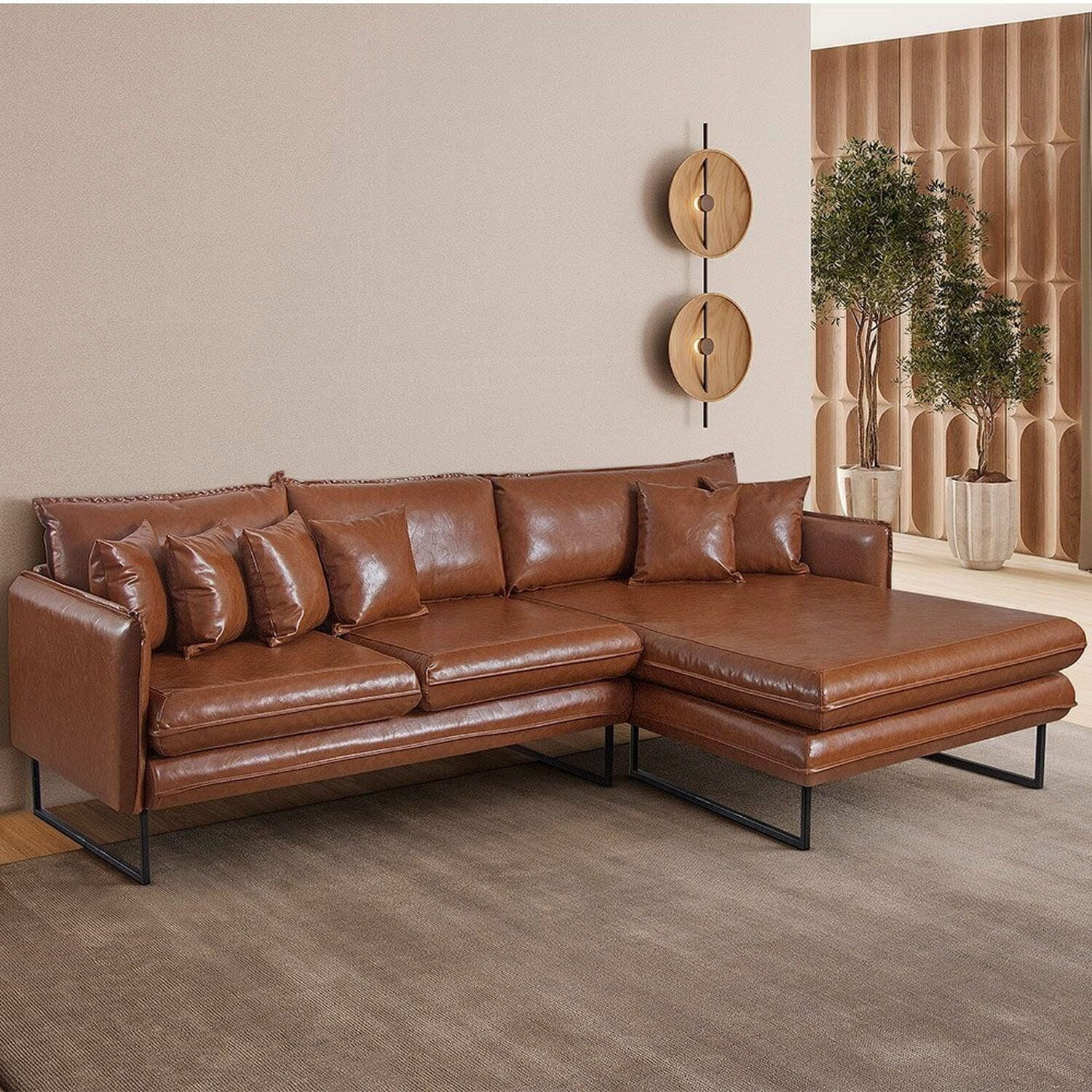 Sofá 5 Lugares Corino 92cm X 284cm Ricco Caramelo