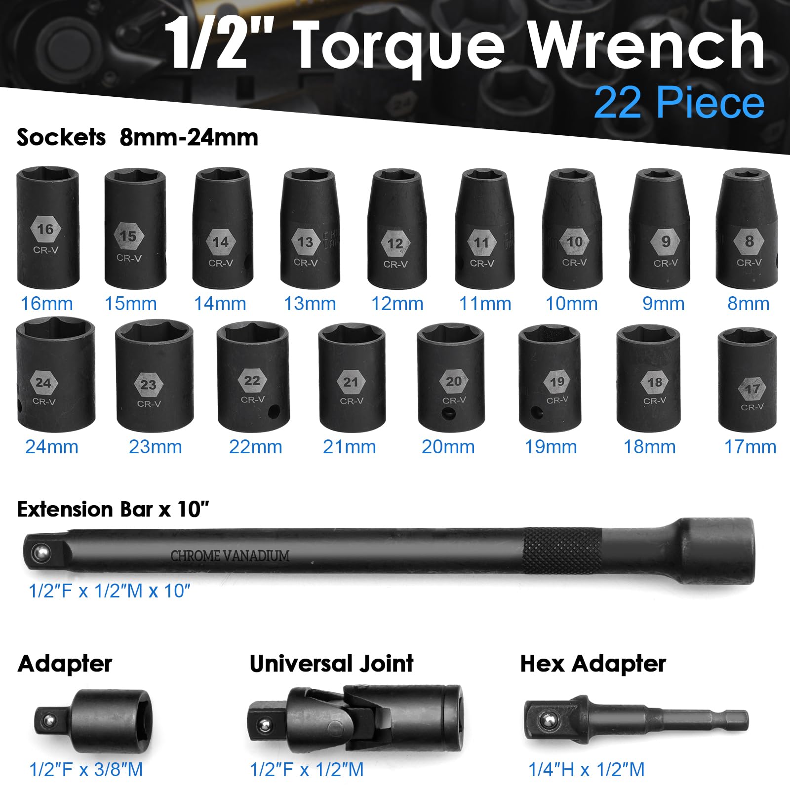 Conjunto De Chaves De Torque Yiyeie 22pcs 1/2 Drive 10-227nm Com