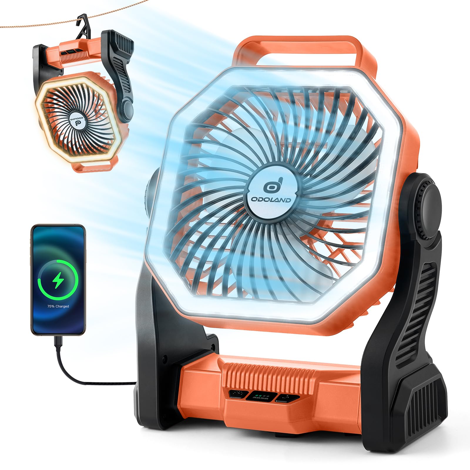 Ventilador De Acampamento Odoland 20000mah Com Luz Led 10h De Bateria Laranja