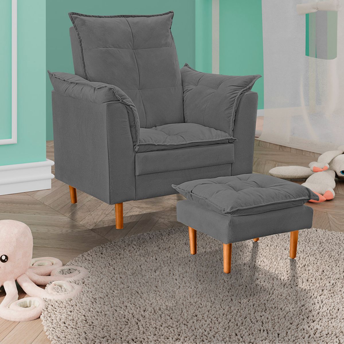 Poltrona De Amamentação Com Puff Quarto Bebê Encanto Suede Cor:cinza