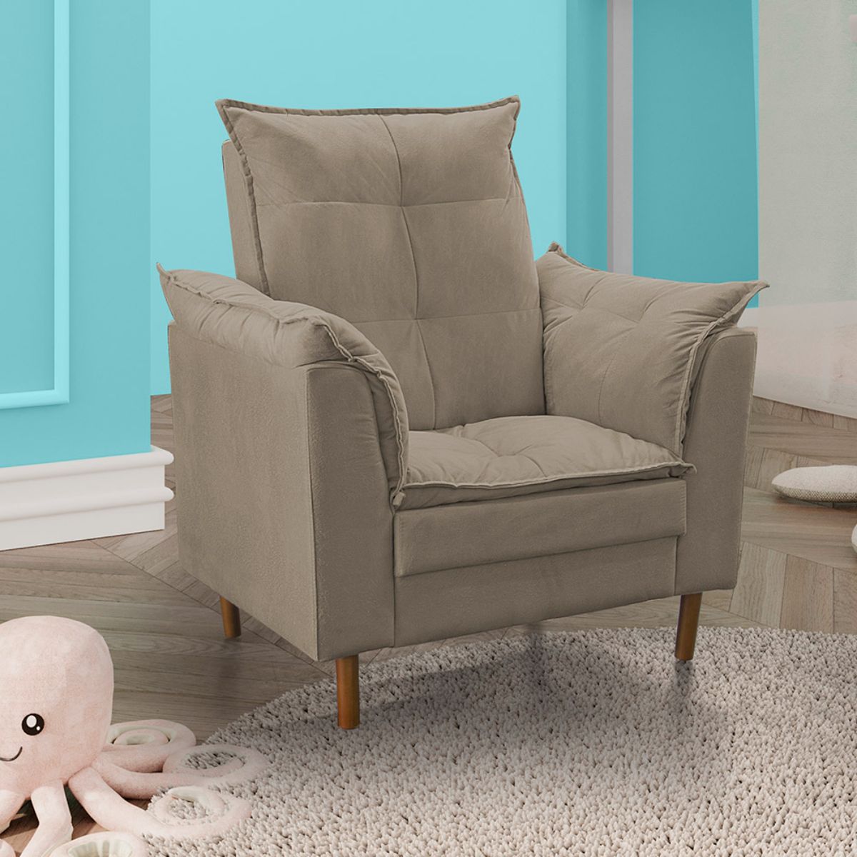 Poltrona De Amamentação Com Puff Quarto Bebê Encanto Suede bege Escuro