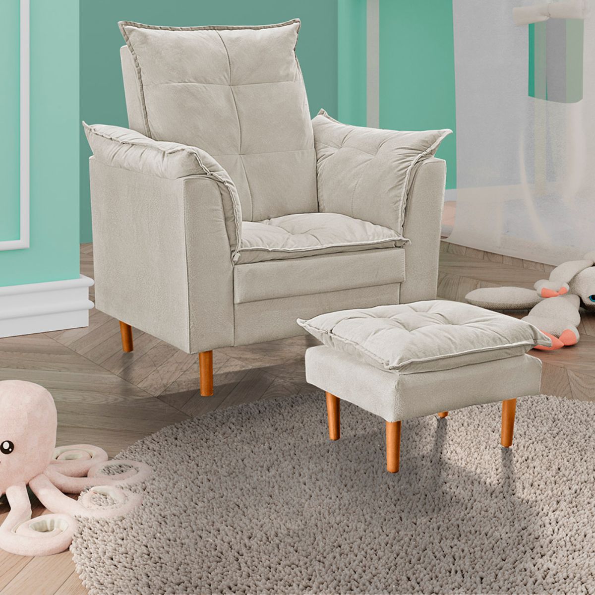 Poltrona De Amamentação Com Puff Quarto Bebê Encanto Suede Cor:bege