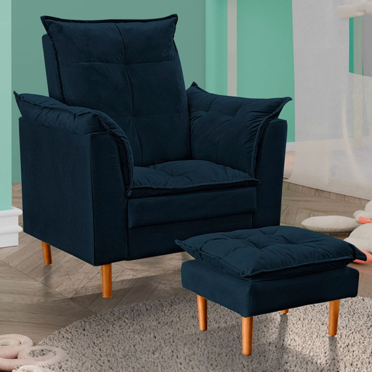Poltrona De Amamentação Com Puff Quarto Bebê Encanto Suede Cor:azul Marinho