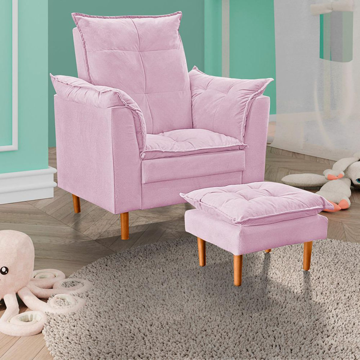 Poltrona De Amamentação Com Puff Quarto Bebê Encanto Suede rosê