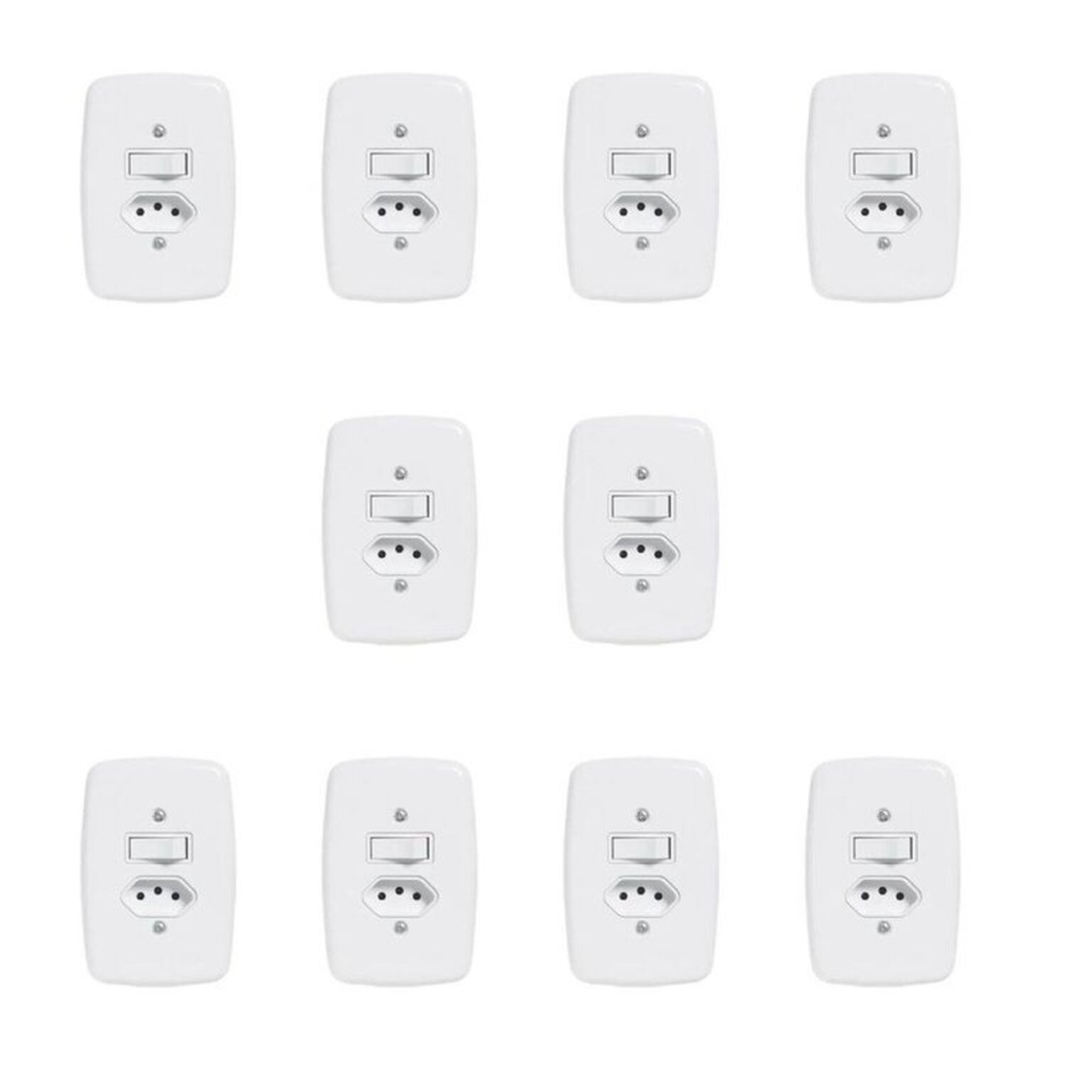 Conjunto De 10 Interruptores De 1 Tecla Simples E Tomada 2p+t 20a , Com Placa 4x2 Branco