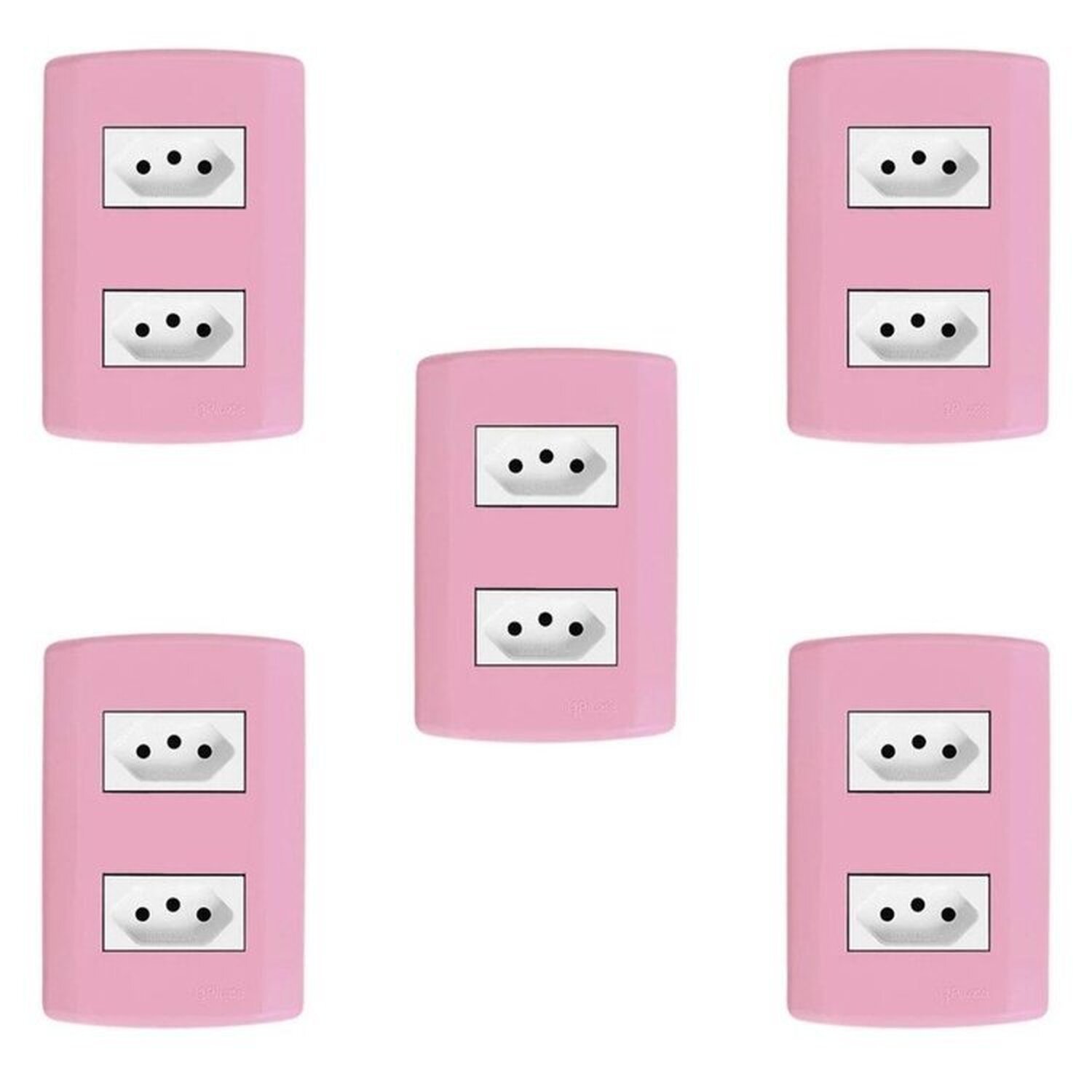 Cinco Conjuntos Com 2 Tomadas 2p+t 20a 250v, Modular, Com Placa 4x2 E Suporte Rosa E Branco